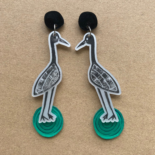 Goorrarndal (brolga) and jila (waterhole) earrings