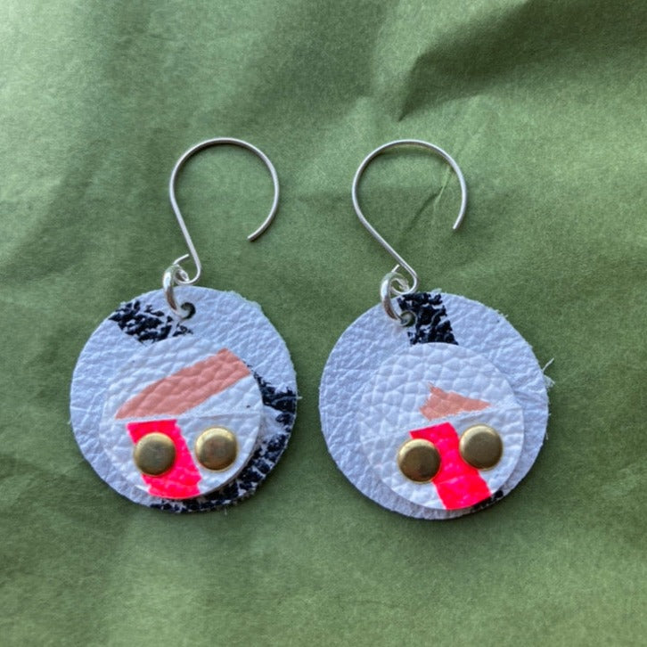 White, Black and Pink Circle Earrings