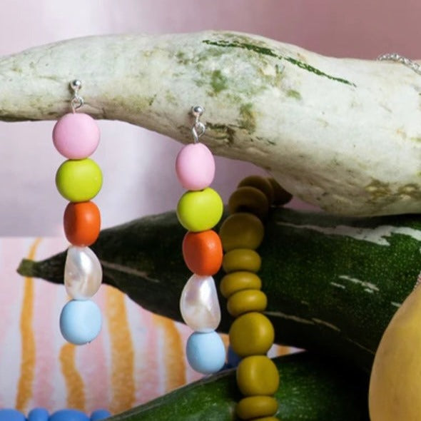 Splits Caramel, Blue and and Wasabi Beaded Pearl Drop Earrings