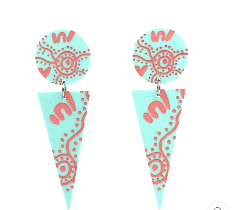 'WIRADJURI YINAA' Cone Earrings - Mint/Coral