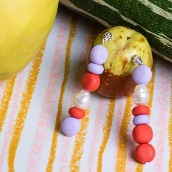 Splits Paprika and Lilac Beaded Pearl Drop Earrings