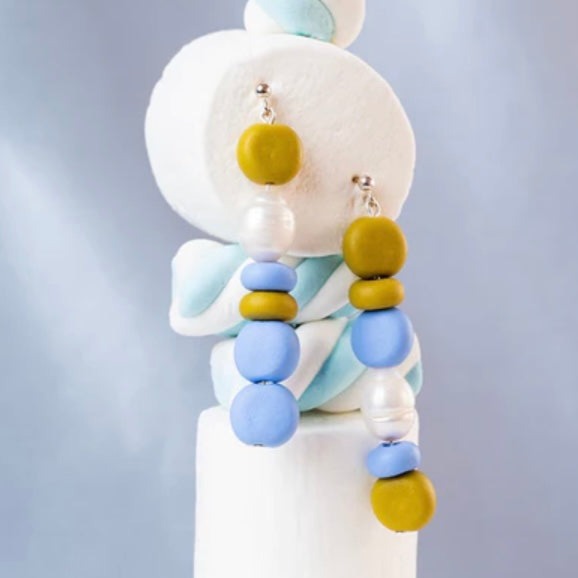 Splits Mustard and Hyacinth Beaded Pearl Drop Earrings