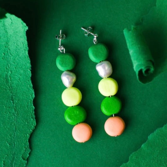 Apricot and Emerald Beaded Pearl Drop Earrings
