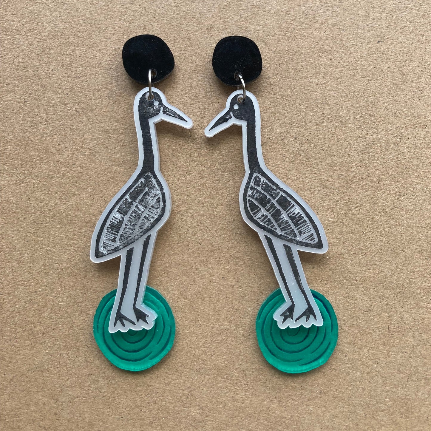 Goorrarndal (brolga) and jila (waterhole) earrings