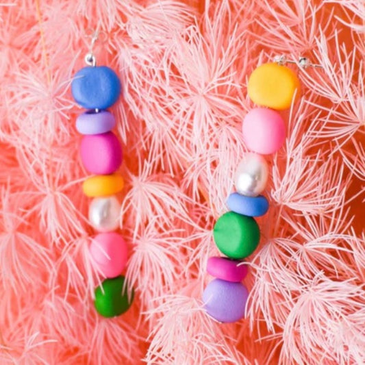 Rainbow Beaded Pearl Drop Earrings