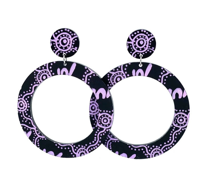 'WIRADJURI YINAA' Hoop Earrings - Black/Lavender