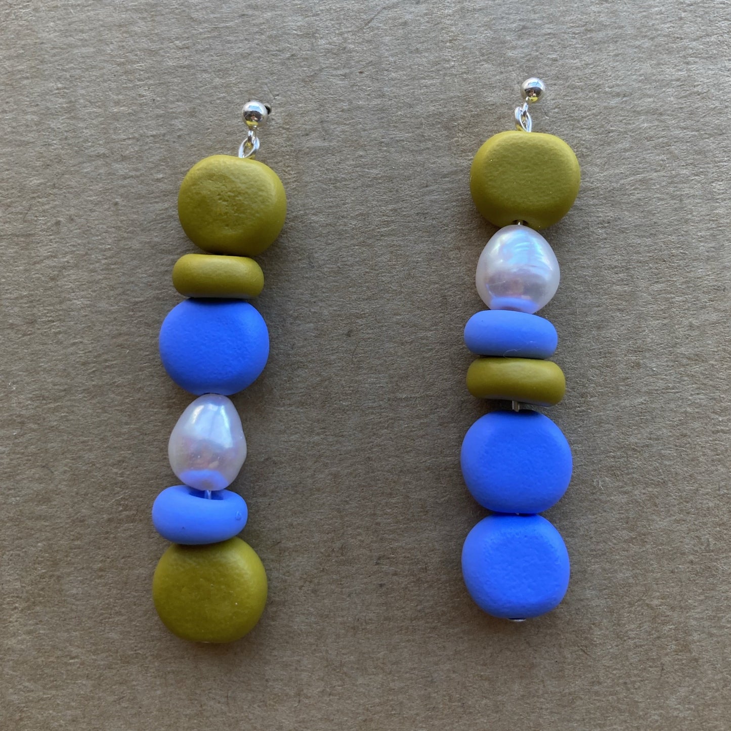 Splits Mustard and Hyacinth Beaded Pearl Drop Earrings