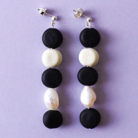 Black and White Beaded Pearl Drop Earrings