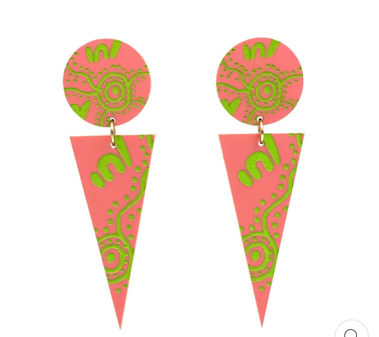 'WIRADJURI YINAA' Cone Earrings - Raspberry/Apple Green