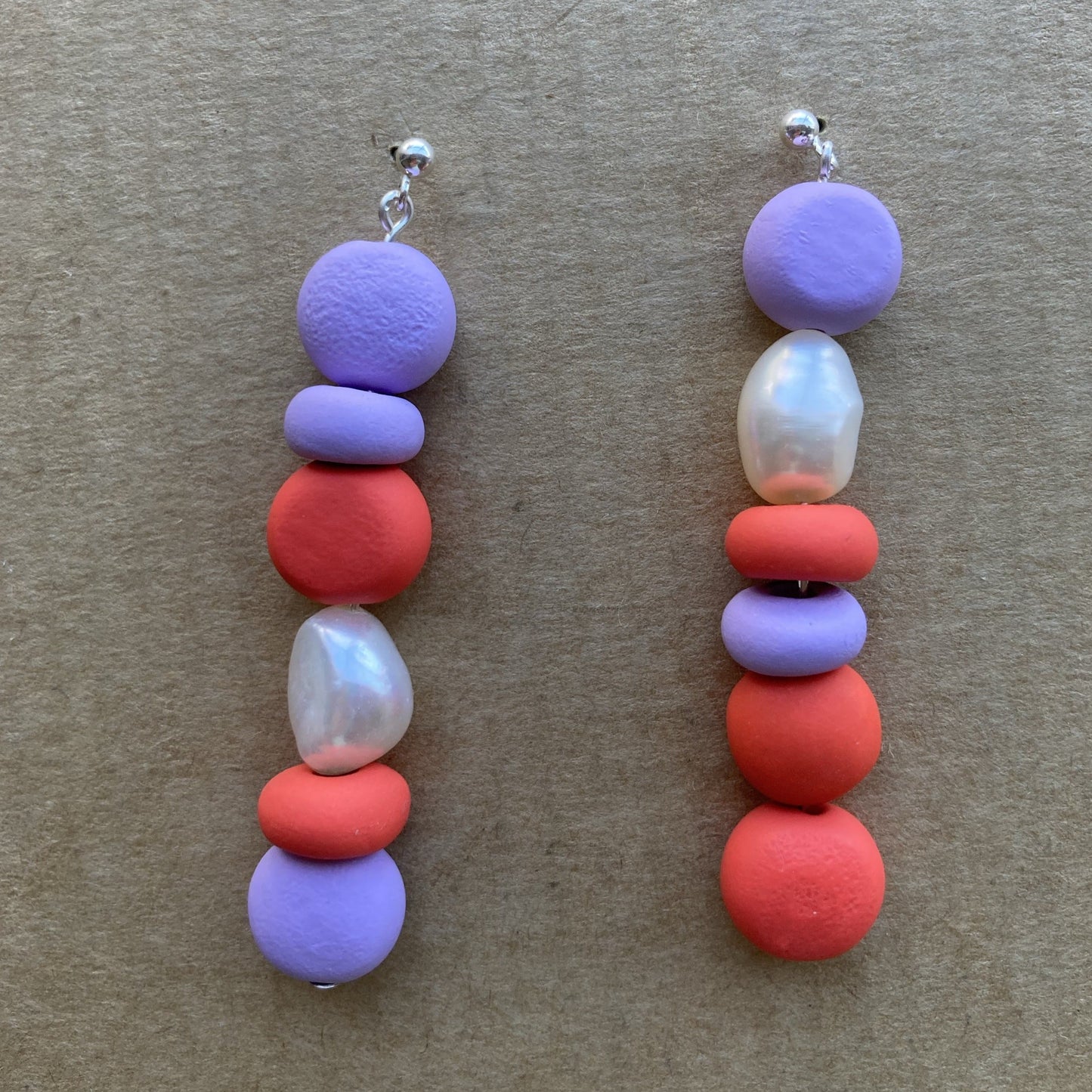 Splits Paprika and Lilac Beaded Pearl Drop Earrings